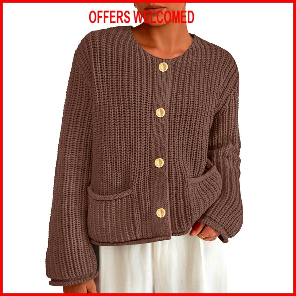Oversized Chunky Knit Cardigan with Pockets, 60% Cotton 40% Acrylic
